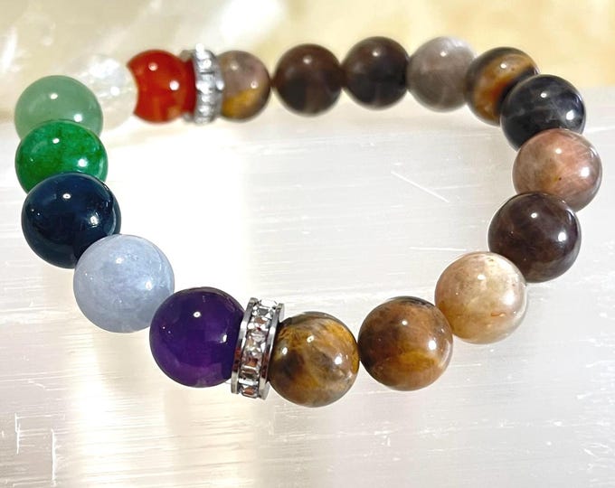 Luxury 7 Chakra Bracelet | Black Sunstone Gemstones with Sparkling Rhinestone Accents | Elegant Spiritual Healing Jewelry Gift