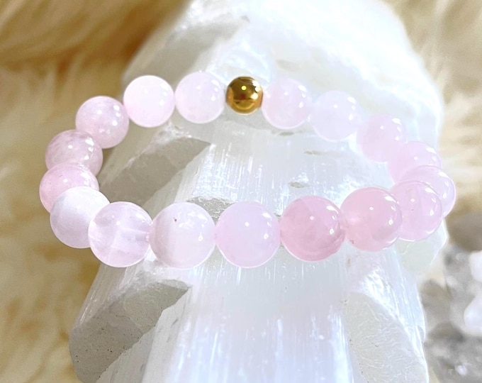 Rose Quartz Bracelet | 10mm Gold Filled Accent, Heart Chakra