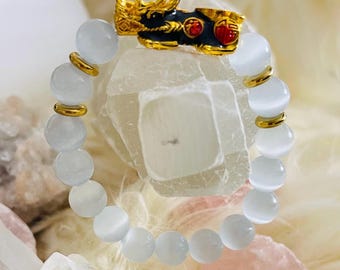 White Cat's Eye Beaded Bracelet | Gold Pixiu Charm, Feng Shui Jewelry