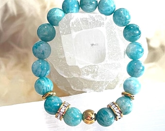 Natural Amazonite Bracelet 10mm, 18K Gold Plated Accent, Calming Crystal Gemstone, Stretch Beaded Gift, Lucky Charm