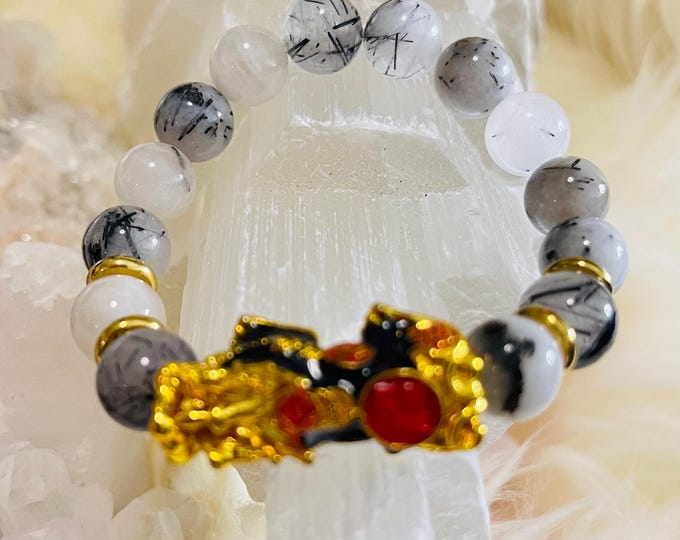 Tourmaline (Rutilated) Bracelet (10mm) with Feng Shui Pixiu | Natural Stone | Healing Jewelry | Gift for Her | Feng Shui Bracelet |