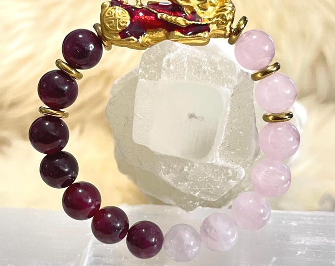 Pixiu Duo Combo Bracelet 10mm – Garnet & Rose Quartz Love, Passion + Prosperity Talisman | Feng Shui Charm Jewellery