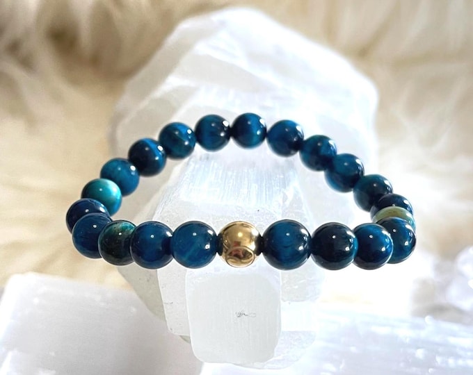 Blue Tiger Eye Bracelet – Gold Filled Accent, Unisex Gemstone Stretch Jewelry