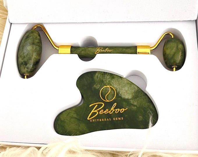 Jade Gua Sha & Facial Roller Set | Natural Crystal Skincare