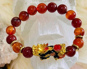 Carnelian Piyao | 10mm Natural High Quality Beaded Bracelet with Gold-Plated Pixiu | Luxury Feng Shui Wealth, Protection Jewelry, Red Gems