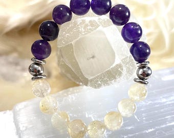 Citrine Amethyst Bracelet, Stainless Steel Accent, Gemstone Healing Jewelry
