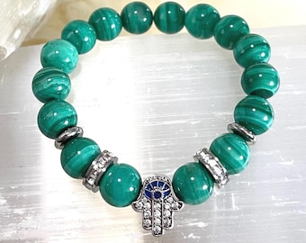 Malachite Protection Bracelet, Sterling Silver Hamsa Hand, Evil Eye Charm