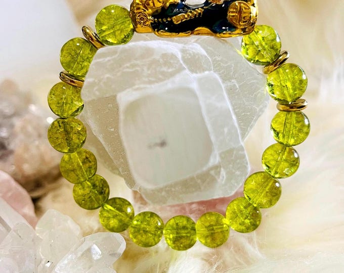 Peridot Dragon Pixiu Bracelet, 10mm Beads, Feng Shui Wealth & Protection, Prosperity Lucky Charm Unisex