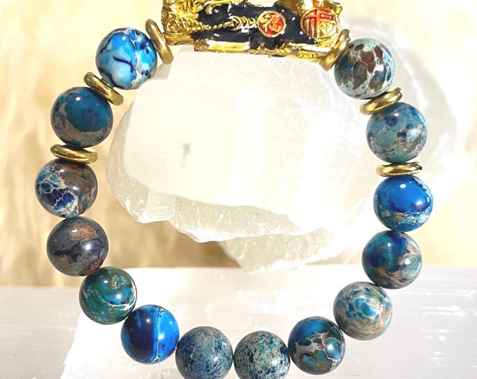 Sea Sediment Jasper Piyao | 10mm Natural High Quality Beaded Bracelet with Gold-Plated Pixiu | Luxury Feng Shui Wealth, Protection Jewelry