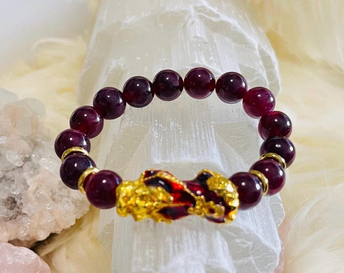 Red Garnet Piyao | 10mm Natural High Quality Beaded Bracelet with Gold-Plated Pixiu | Luxury Feng Shui Wealth, Protection Jewelry