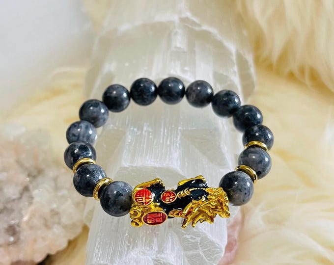 Larvikite Piyao | 10mm Natural High Quality Beaded Bracelet with Gold-Plated Pixiu | Luxury Feng Shui Wealth, Protection Jewelry