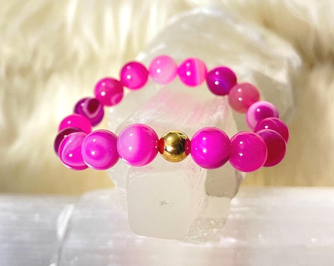 Pink Agate Bracelet | 10mm Gold Filled Accent, Spiritual Jewelry