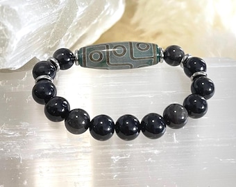 9 Eye Dzi Agate Bracelet with Obsidian – Powerful Protection & Grounding Energy (10mm Beads)