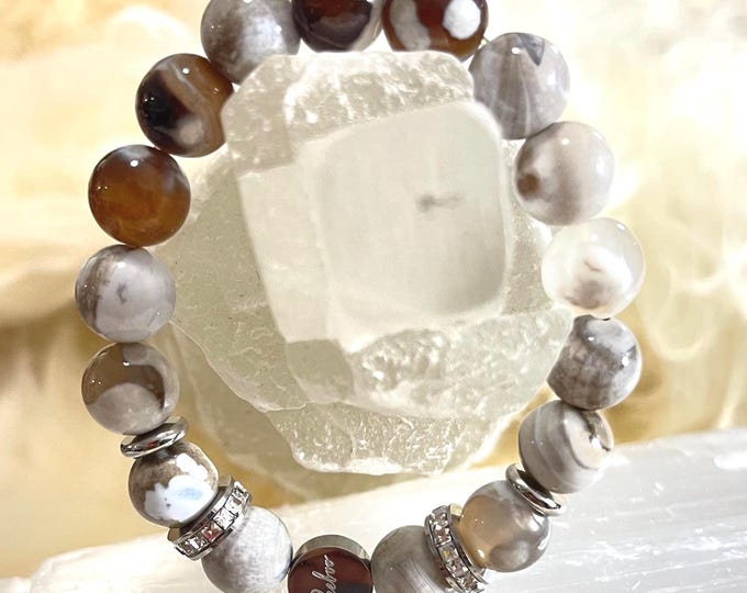 White Fire Agate Bracelet, 10mm Gemstone, Stainless Steel, Rhinestone Accent
