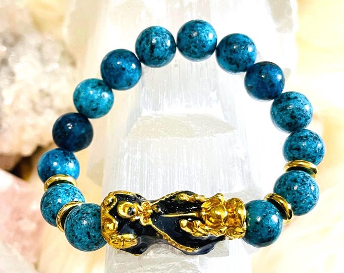 Blue Jasper Dragon Piyao | 10mm Natural High Quality Beaded Bracelet with Gold-Plated Pixiu | Luxury Feng Shui Wealth, Protection Jewelry