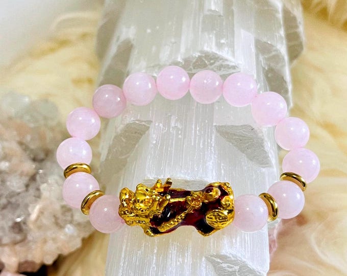 Rose Quartz Piyao | 10mm Natural High Quality Beaded Bracelet with Gold-Plated Pixiu | Luxury Feng Shui Wealth, Protection Jewelry