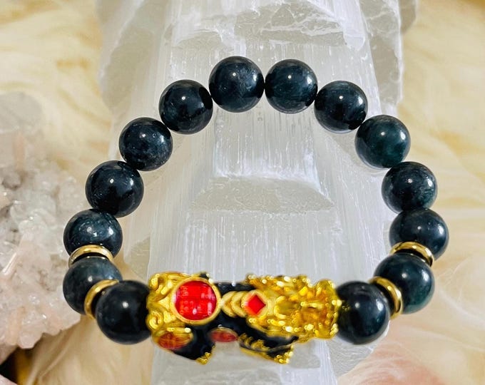Green Kyanite Piyao | 10mm Natural High Quality Beaded Bracelet with Gold-Plated Pixiu | Luxury Feng Shui Wealth, Protection Jewelry