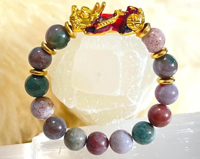 Indian Agate Pixiu Bracelet with Gold Plated Charm | 10mm Healing Crystal for Calm, Stress Relief & Feng Shui Wealth Protection