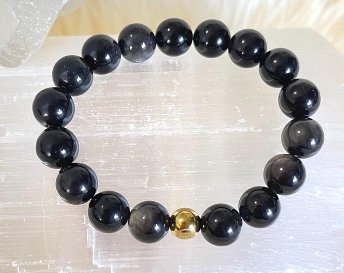 Obsidian Bracelet 10mm with Gold Filled Accent – Spiritual Protection Jewelry on Elastic Cord, Unisex