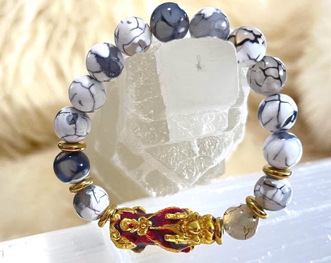 Black and White Fire Agate | 10mm Natural High Quality Beaded Bracelet with Gold-Plated Pixiu | Luxury Feng Shui Wealth, Protection Jewelry
