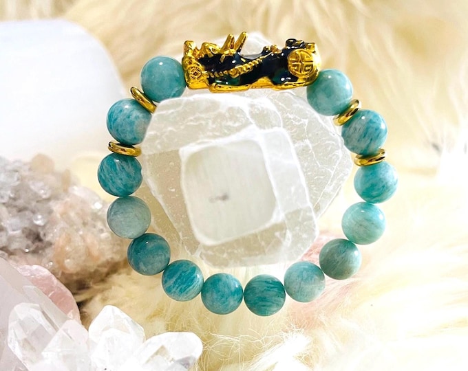 Amazonite Pixiu Bracelet | 10mm Natural Amazonite Beaded Bracelet with Gold-Plated Pixiu | Luxury Feng Shui Wealth & Harmony Jewelry