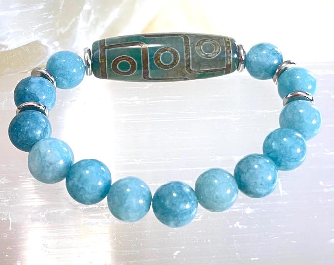 Luxury 9 Eye Dzi Agate Amulet Bracelet with Blue Angelite Gemstones | Powerful Protection, Prosperity, Luck & Spiritual Energy Jewelry