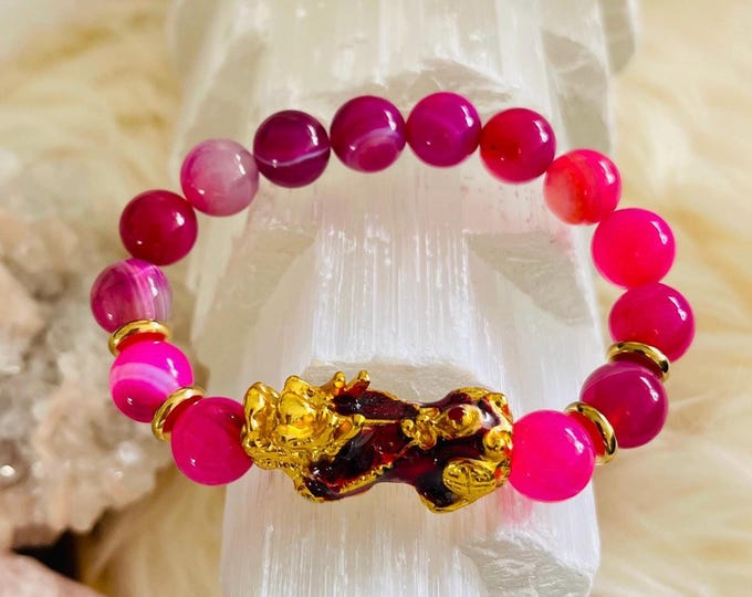 Pink Agate Piyao | 10mm Natural High Quality Beaded Bracelet with Gold-Plated Pixiu | Luxury Feng Shui Wealth, Protection Jewelry