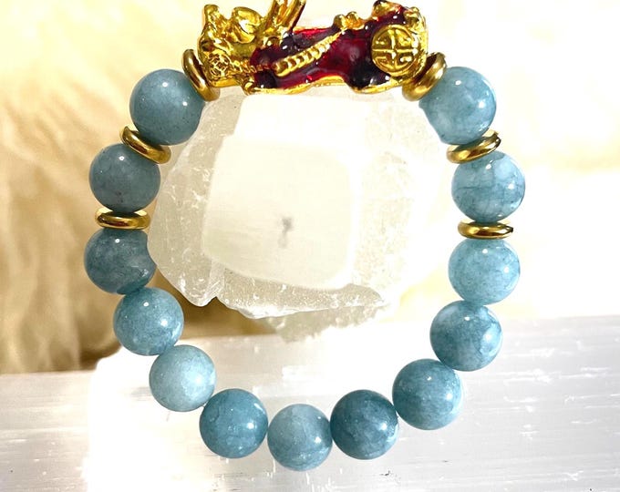 Blue Angelite Pixiu Bracelet | 10mm Natural Amazonite Beaded Bracelet with Gold-Plated Pixiu | Luxury Feng Shui Wealth & Harmony Jewelry