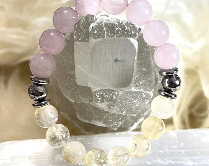 Citrine Rose Quartz Bracelet, Stainless Steel Accents, Gemstone Healing Jewelry