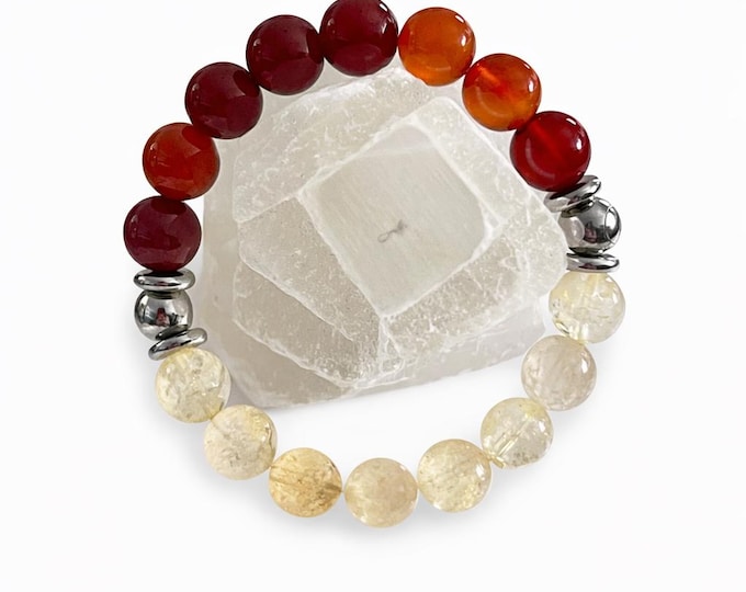 Citrine Carnelian Bracelet, Stainless Steel Accent, Unisex Gemstone Jewelry