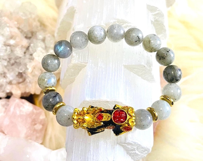 Labradorite Dragon Pixiu Bracelet, 10mm Beads, Feng Shui Wealth & Protection, Prosperity Lucky Charm Unisex