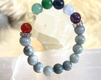 Luxury 7 Chakra Bracelet | Burmese Jade Gemstones with Sparkling Rhinestone Accents | Elegant Spiritual Healing Jewelry Gift
