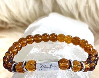 Amber 8mm Bracelet Unisex | Natural Amber Beaded Bracelet with Stainless Steel Accents | Elastic Cord Healing Energy Jewelry