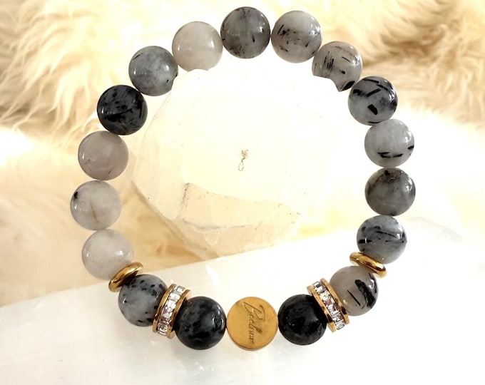 Rutilated Quartz  10mm Bracelet, Rhinestone Spacer, 18K Gold filled, Stretch Elastic Minimal Sparkle Jewelry