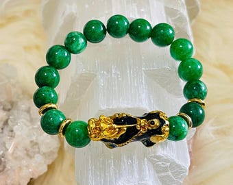 Green Jade Piyao | 10mm Natural High Quality Beaded Bracelet with Gold-Plated Pixiu | Luxury Feng Shui Wealth, Protection Jewelry