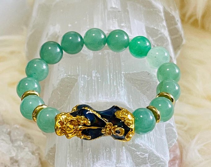 Green Aventurine Piyao | 10mm Natural High Quality Beaded Bracelet with Gold-Plated Pixiu | Luxury Feng Shui Wealth, Protection Jewelry