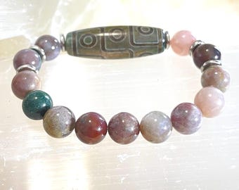 Luxury 9 Eye Dzi Agate Amulet Bracelet and Multi-Powerline Agate Gemstones | Powerful Protection, Prosperity, Luck, Spiritual Energy Jewelry
