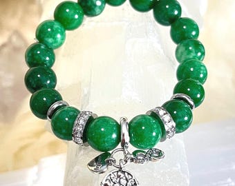 Jade 10mm Gemstone Bracelet, 925 Sterling Silver Infinity Heart & Tree of Life Charm, Healing Crystal Jewelry Gift for Her