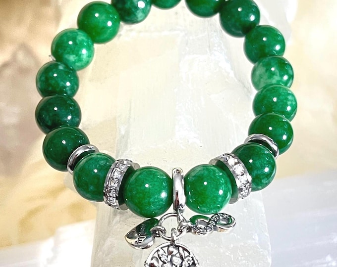 Jade 10mm Gemstone Bracelet, 925 Sterling Silver Infinity Heart & Tree of Life Charm, Healing Crystal Jewelry Gift for Her