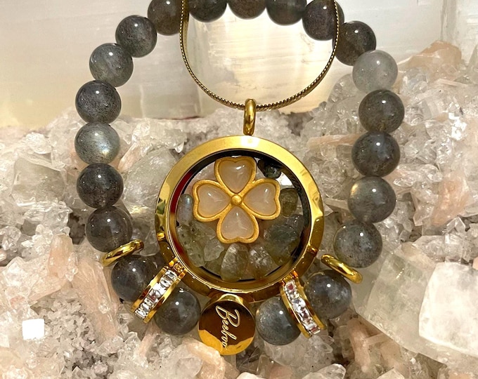 Libra Zodiac Labradorite Jewelry Set, Gold Plated Necklace, Rhinestone Bracelet