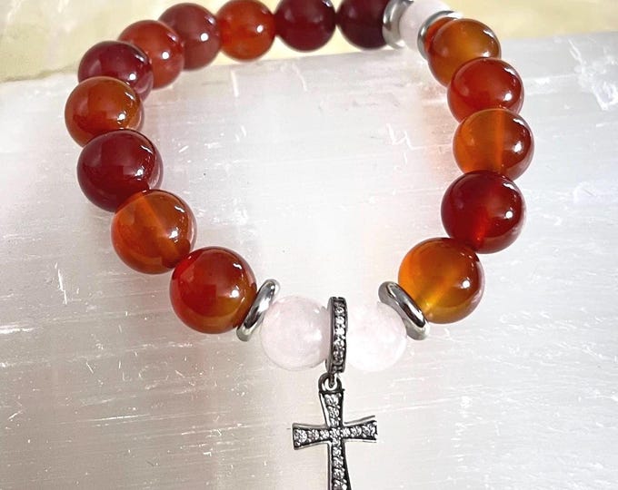 Carnelian Rosary Bracelet, 925 Sterling Silver Cross, Healing Stone