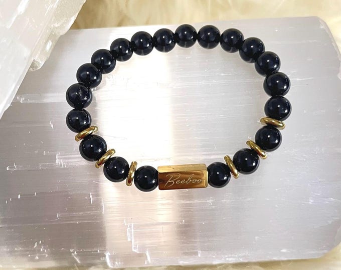 Black Onyx Bracelet | 18K Gold Filled Accents, Unisex Gemstone Jewelry