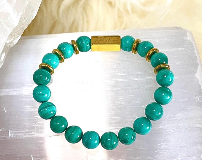 Malachite Bracelet – 8mm Natural Gemstone Beads, 18k Gold Filled