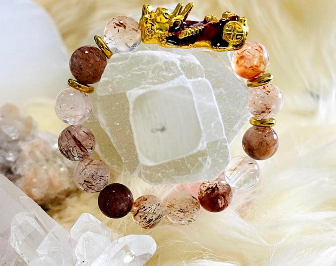 Golden Red Super Seven Piyao | 10mm Natural High Quality Beaded Bracelet with Gold-Plated Pixiu | Luxury Feng Shui Wealth, Protection Gem