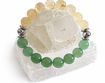 Citrine Aventurine Crystal Bracelet, Stainless Steel Accent, Unisex Gemstone Jewelry