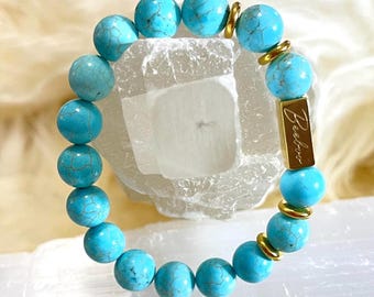 Turquoise Stone Bracelet (10mm) 18K Gold Plated | Natural Healing Jewelry, Lucky Charm Bracelet