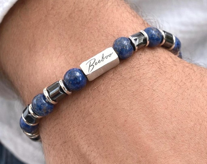 Men's Lapis Lazuli & Hematite Bracelet | Stainless Steel Accents
