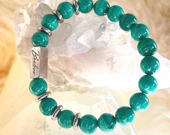 Malachite Bracelet – 8mm Natural Gemstone Beads, Stainless Steel Accent , Unisex Jewellery