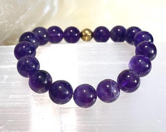 Amethyst Bracelet – 10mm Gemstone with Gold Filled Accent, Healing Crystal
