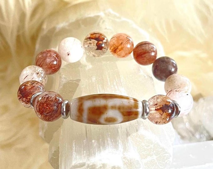 Dzi Agate & Golden Red Super Seven Bracelet | Protection Amulet Bracelet with Stainless Steel Accents | 12mm Unisex Stretch Energy Jewelry